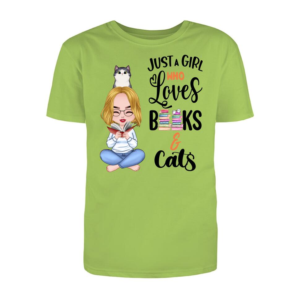 Personalized T-Shirt - Girl Loves Books & Cat