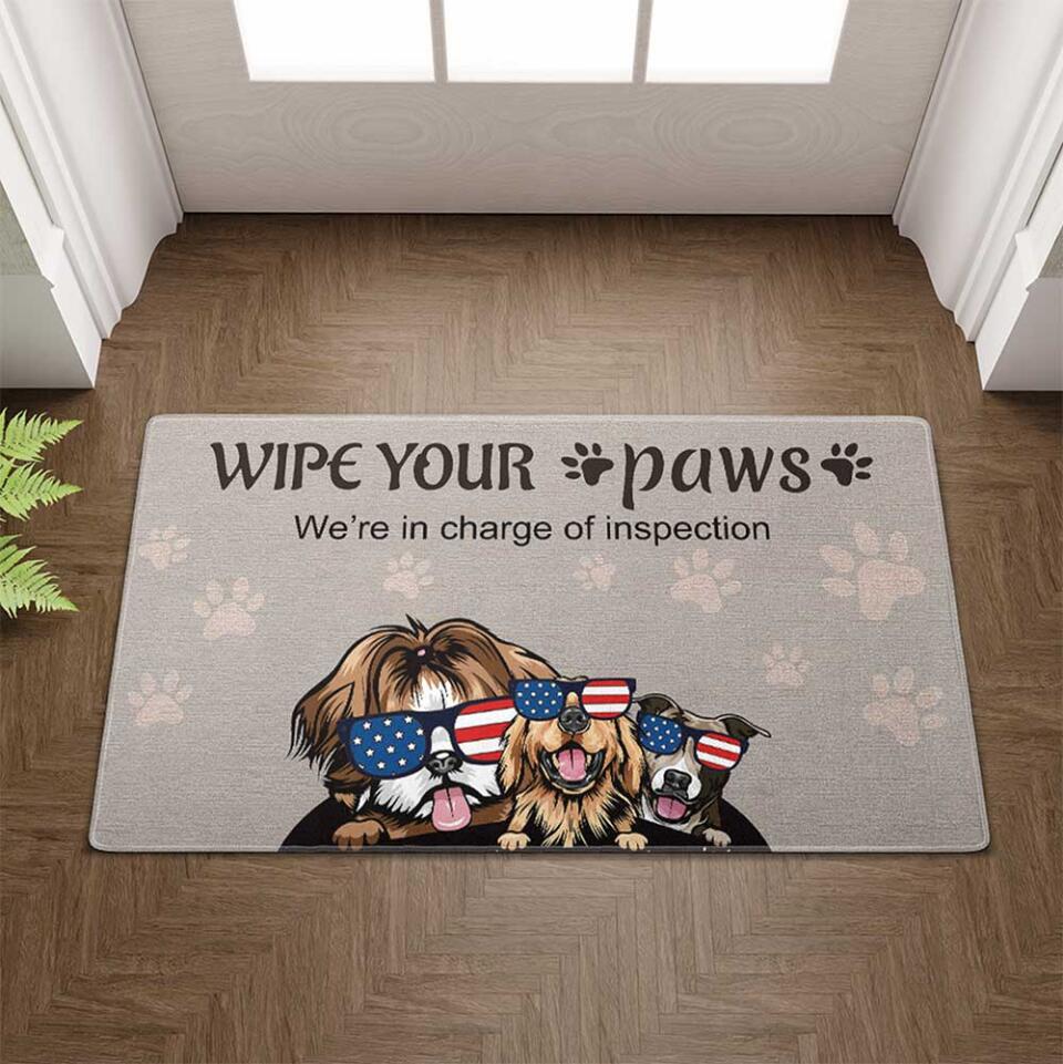 Personalized Doormat - Wipe Your Paws Dog With American Glasses