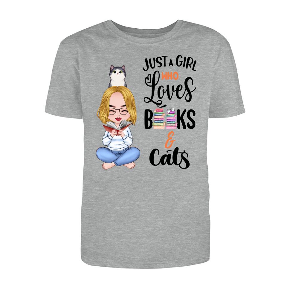 Personalized T-Shirt - Girl Loves Books & Cat