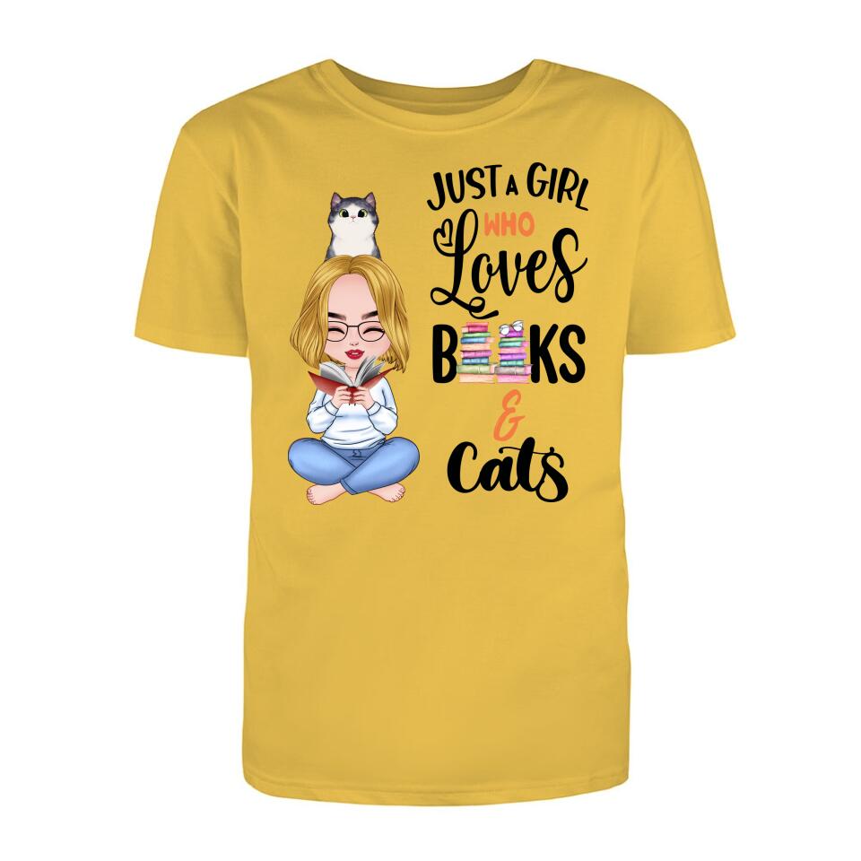Personalized T-Shirt - Girl Loves Books & Cat