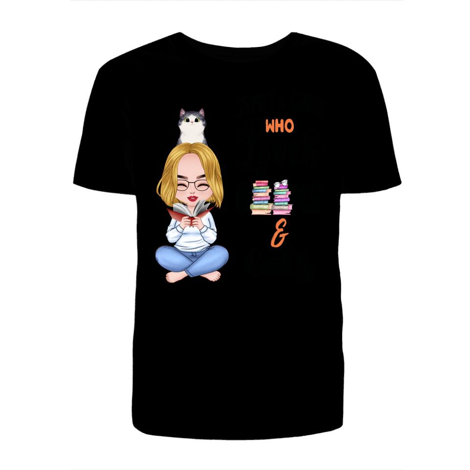 Personalized T-Shirt - Girl Loves Books & Cat