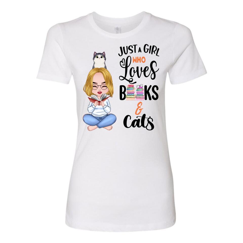 Personalized T-Shirt - Girl Loves Books & Cat