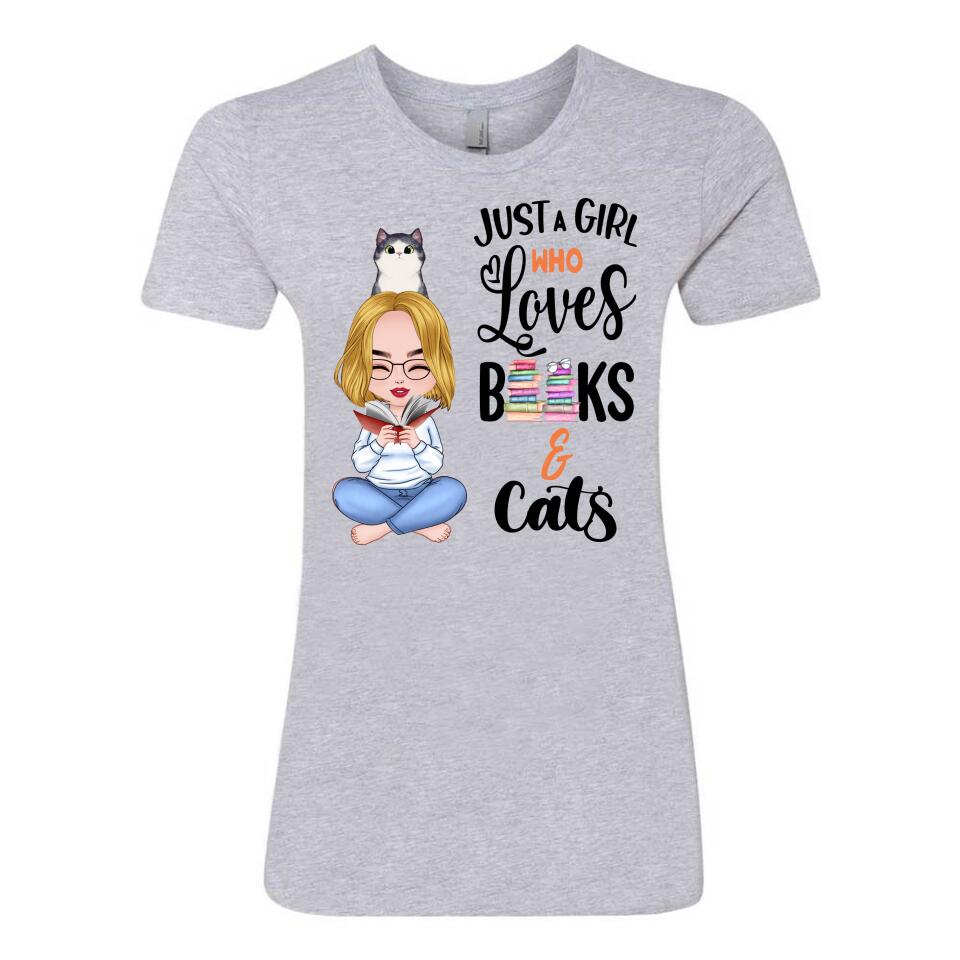 Personalized T-Shirt - Girl Loves Books & Cat
